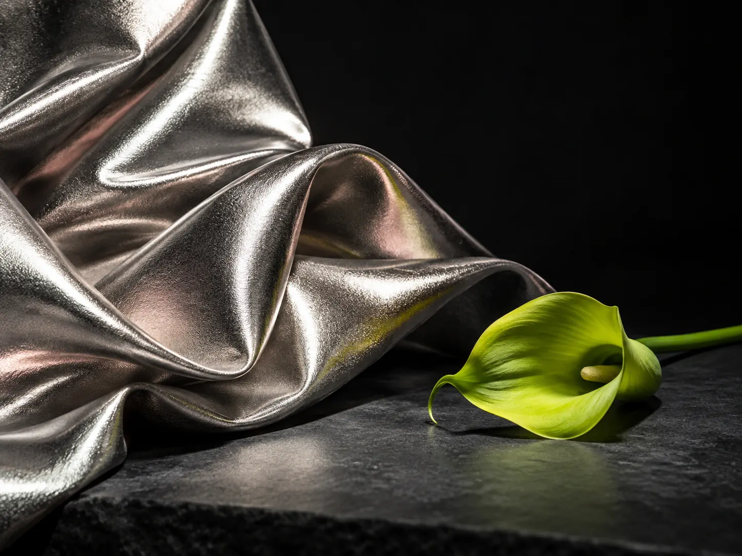 Tissu argenté et arum vert sur une surface sombre