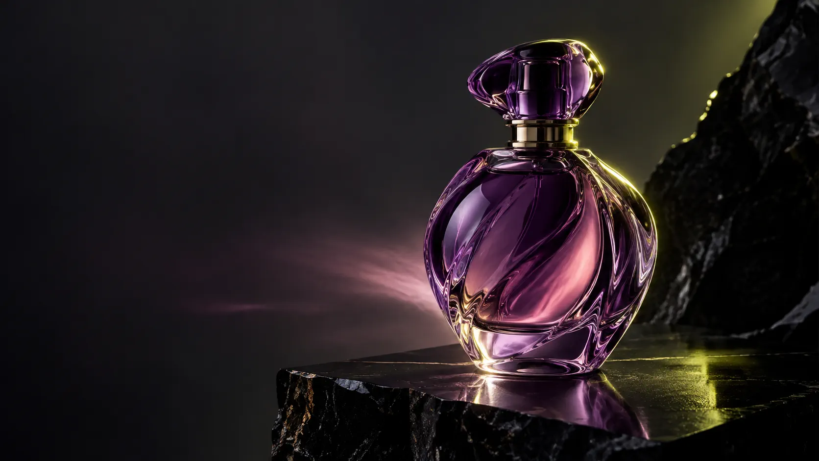 Flacon de parfum en verre violet sur un socle en pierre sombre